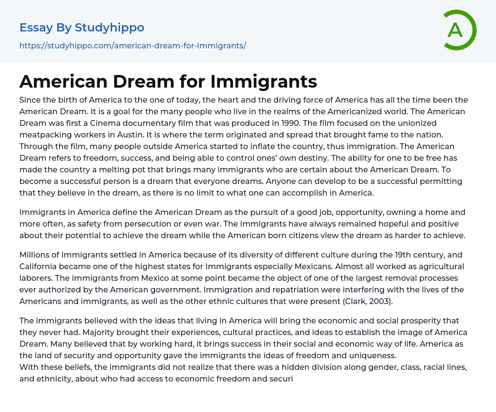 American Dream for Immigrants Essay Example