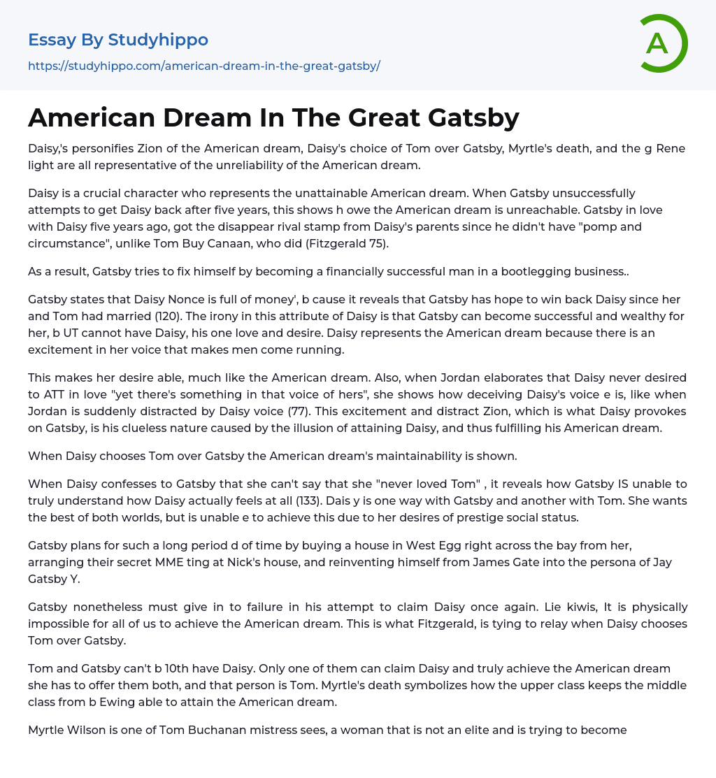 American Dream In The Great Gatsby Essay Example