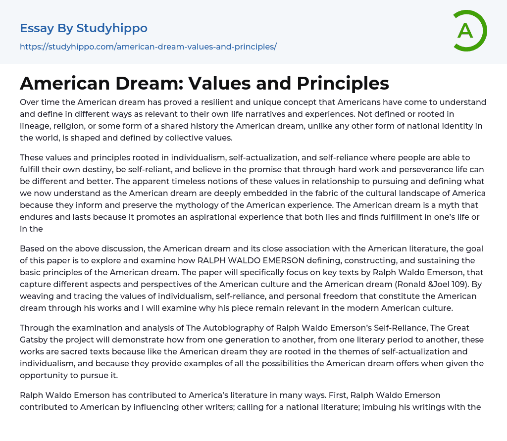 American Dream: Values and Principles Essay Example