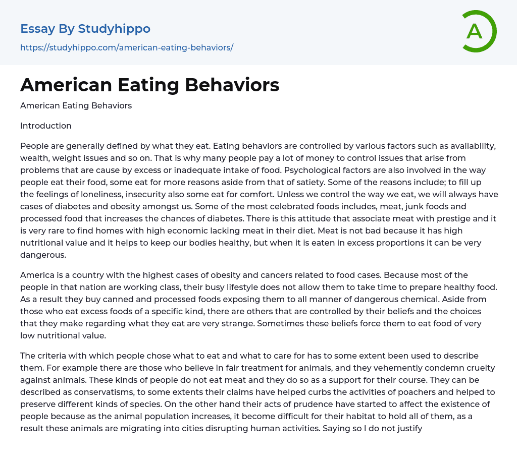 American Eating Behaviors Essay Example