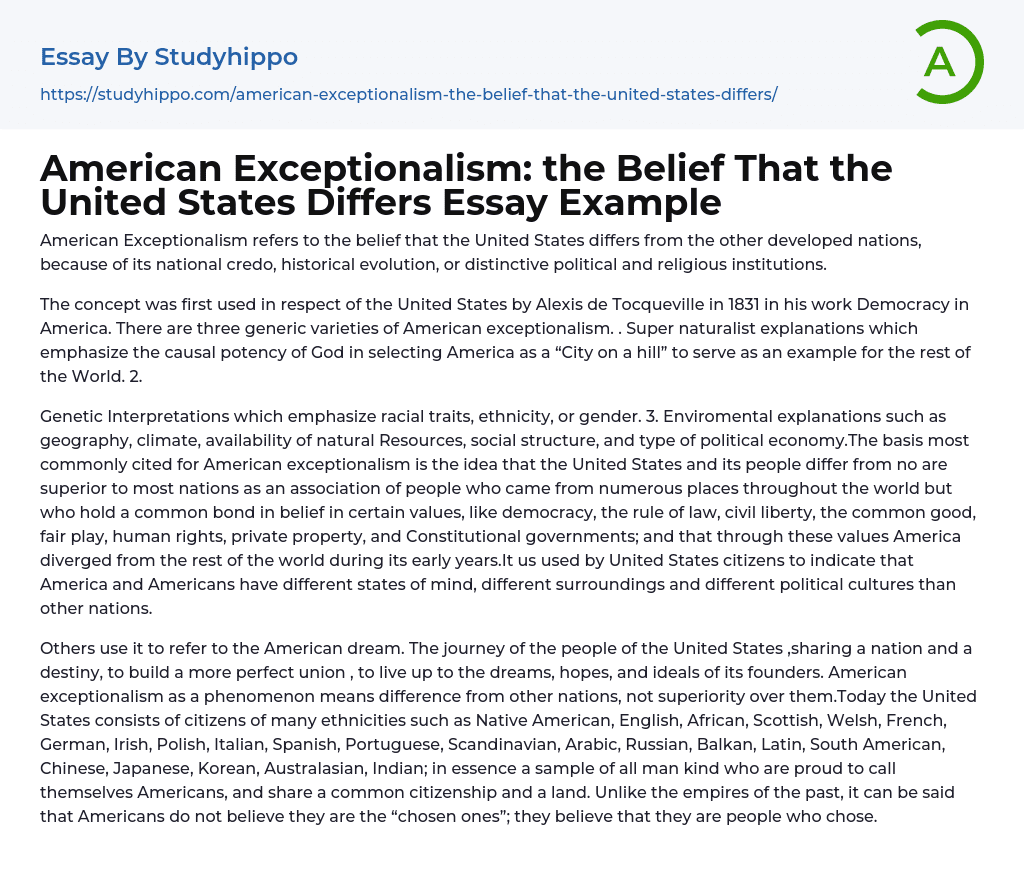 American Exceptionalism: the Belief That the United States Differs Essay Example