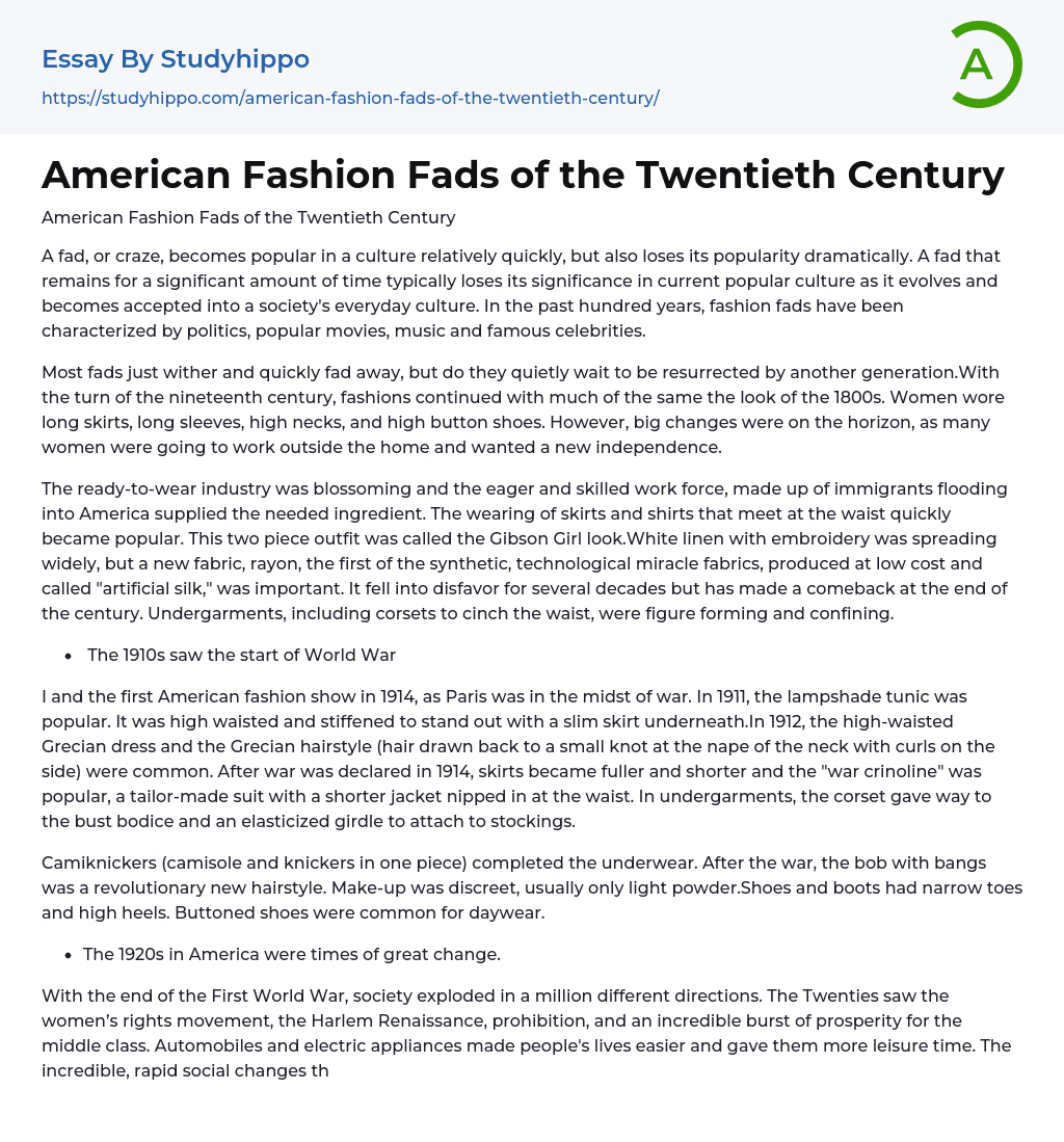 American Fashion Fads of the Twentieth Century Essay Example