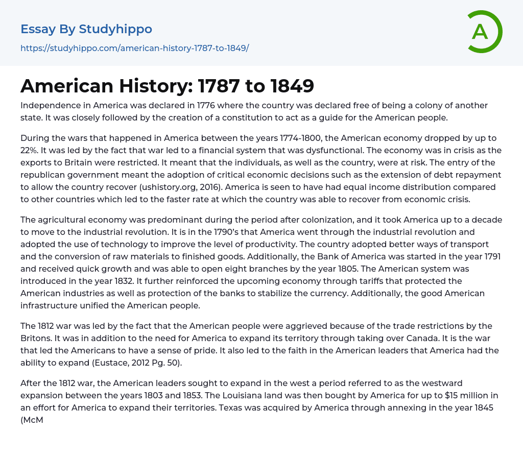 American History: 1787 to 1849 Essay Example
