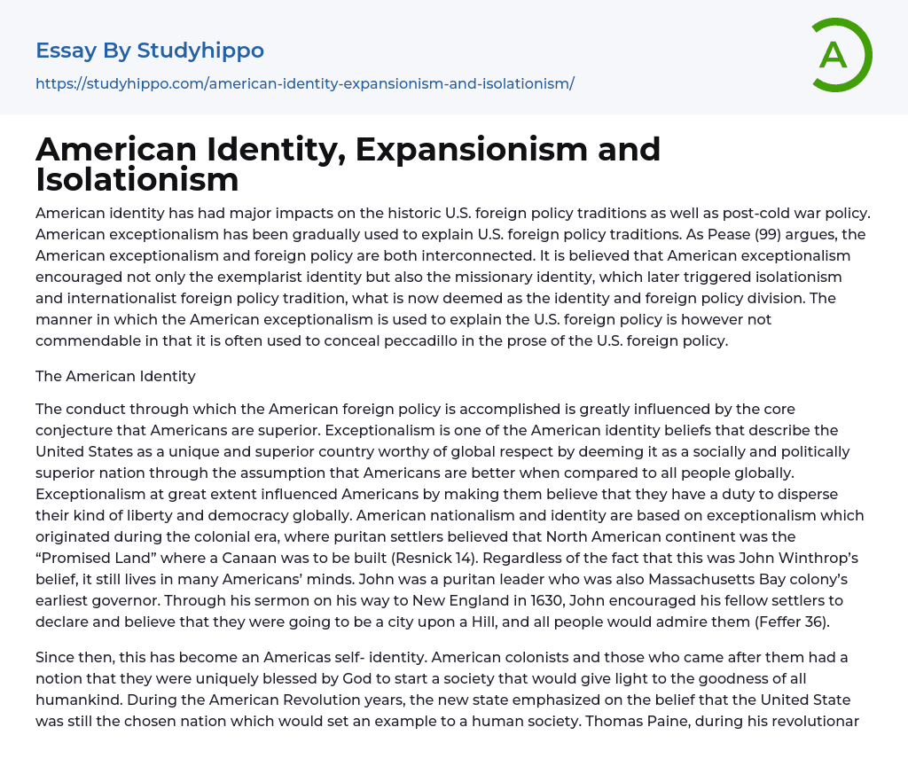 American Identity, Expansionism and Isolationism Essay Example