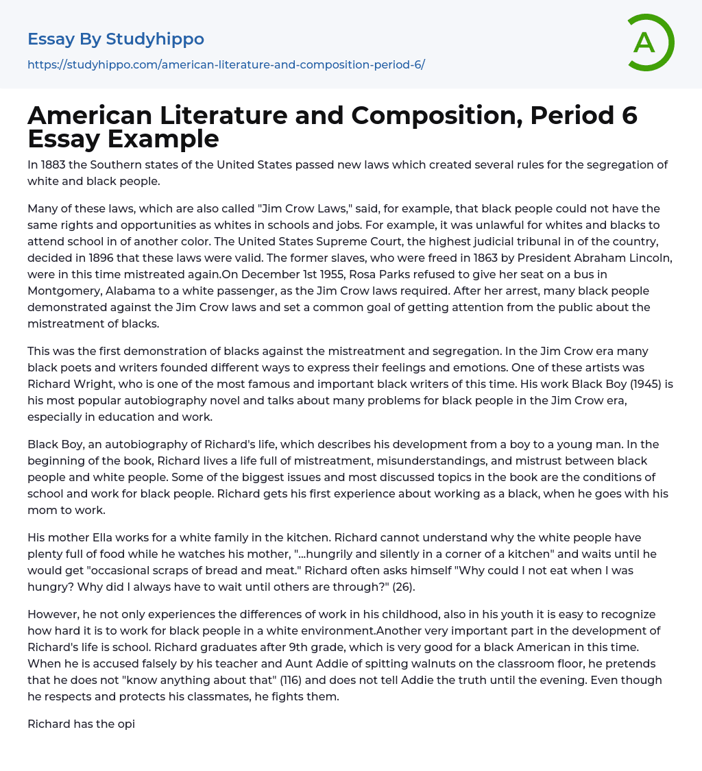 American Literature and Composition, Period 6 Essay Example
