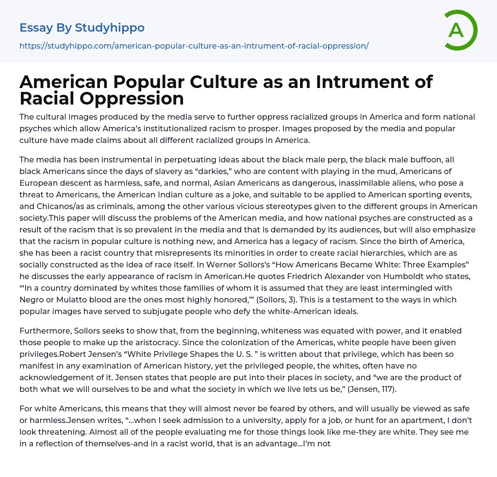 American Popular Culture as an Intrument of Racial Oppression Essay Example