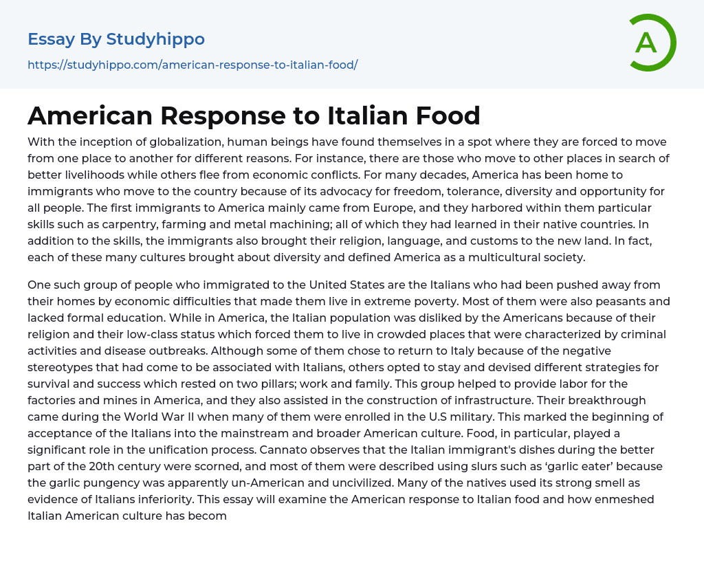 American Response to Italian Food Essay Example