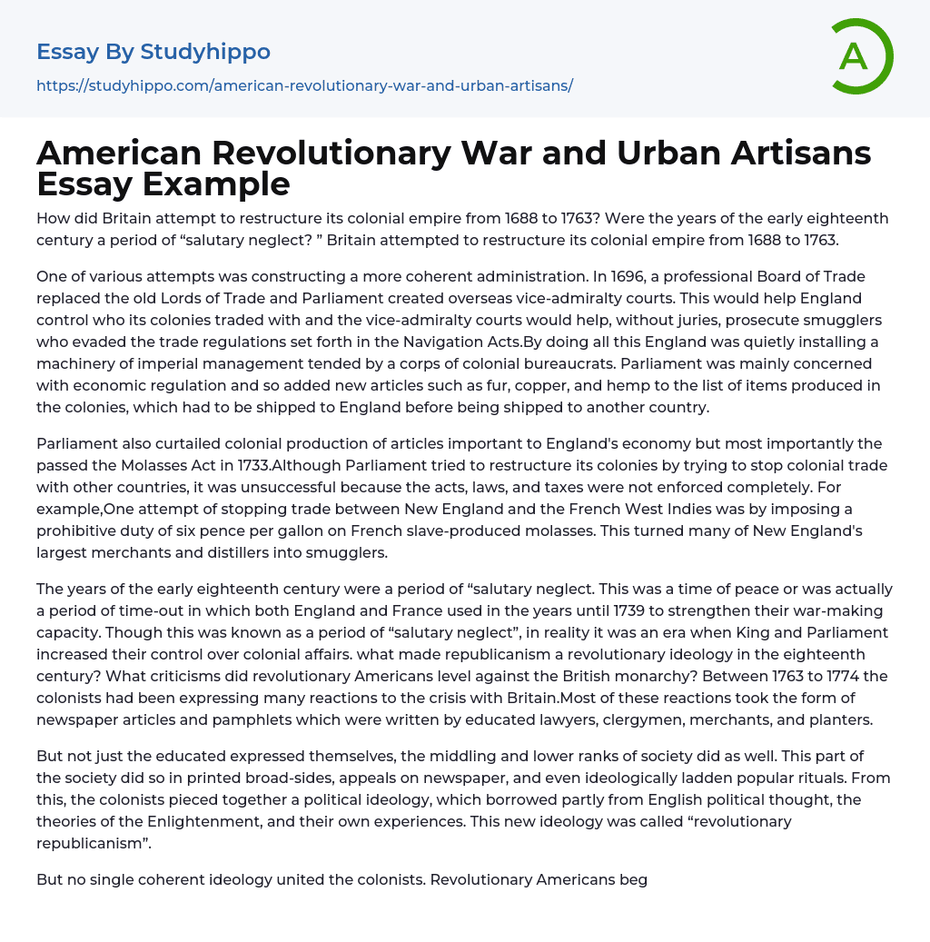 American Revolutionary War and Urban Artisans Essay Example