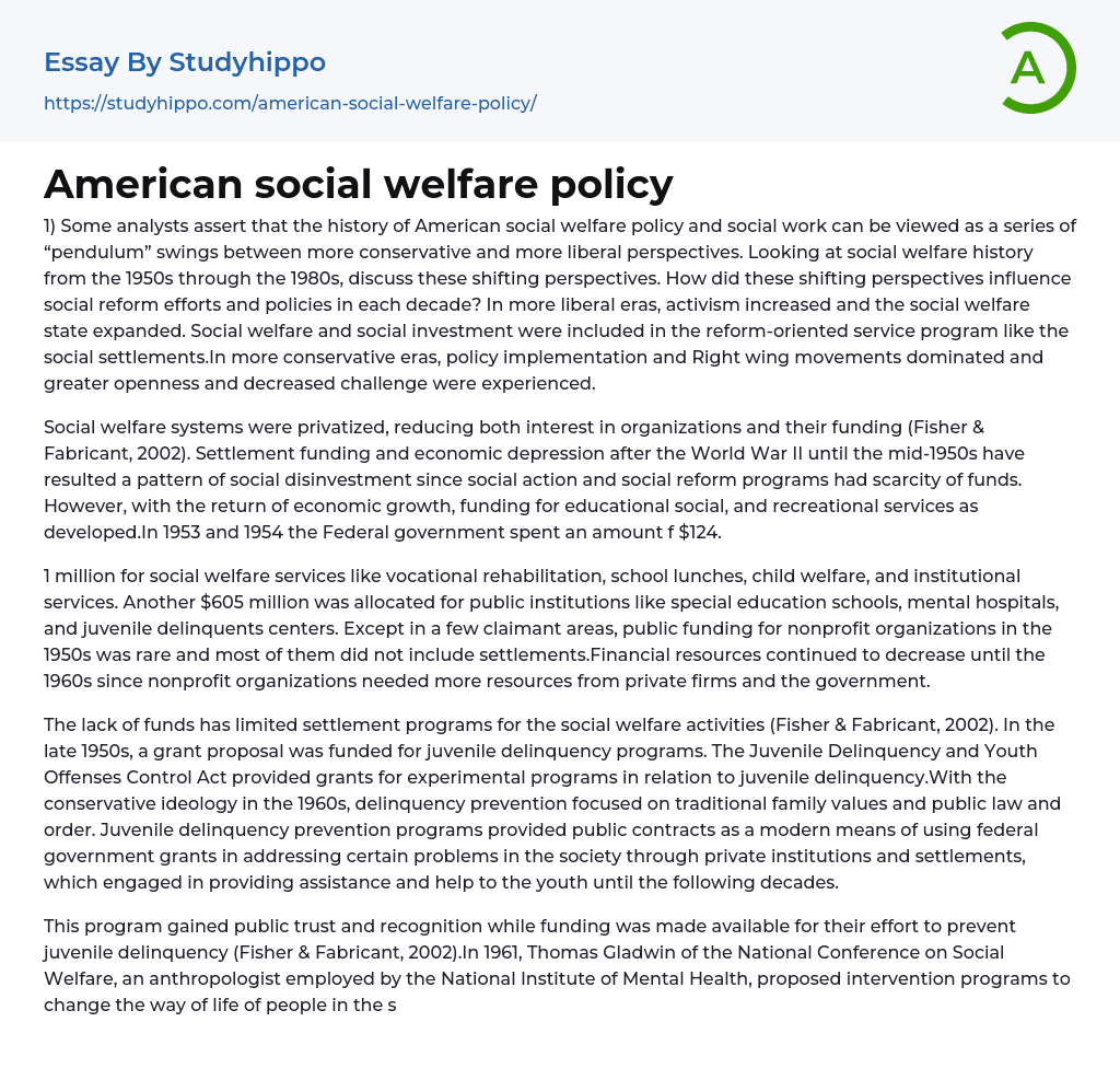 American social welfare policy Essay Example