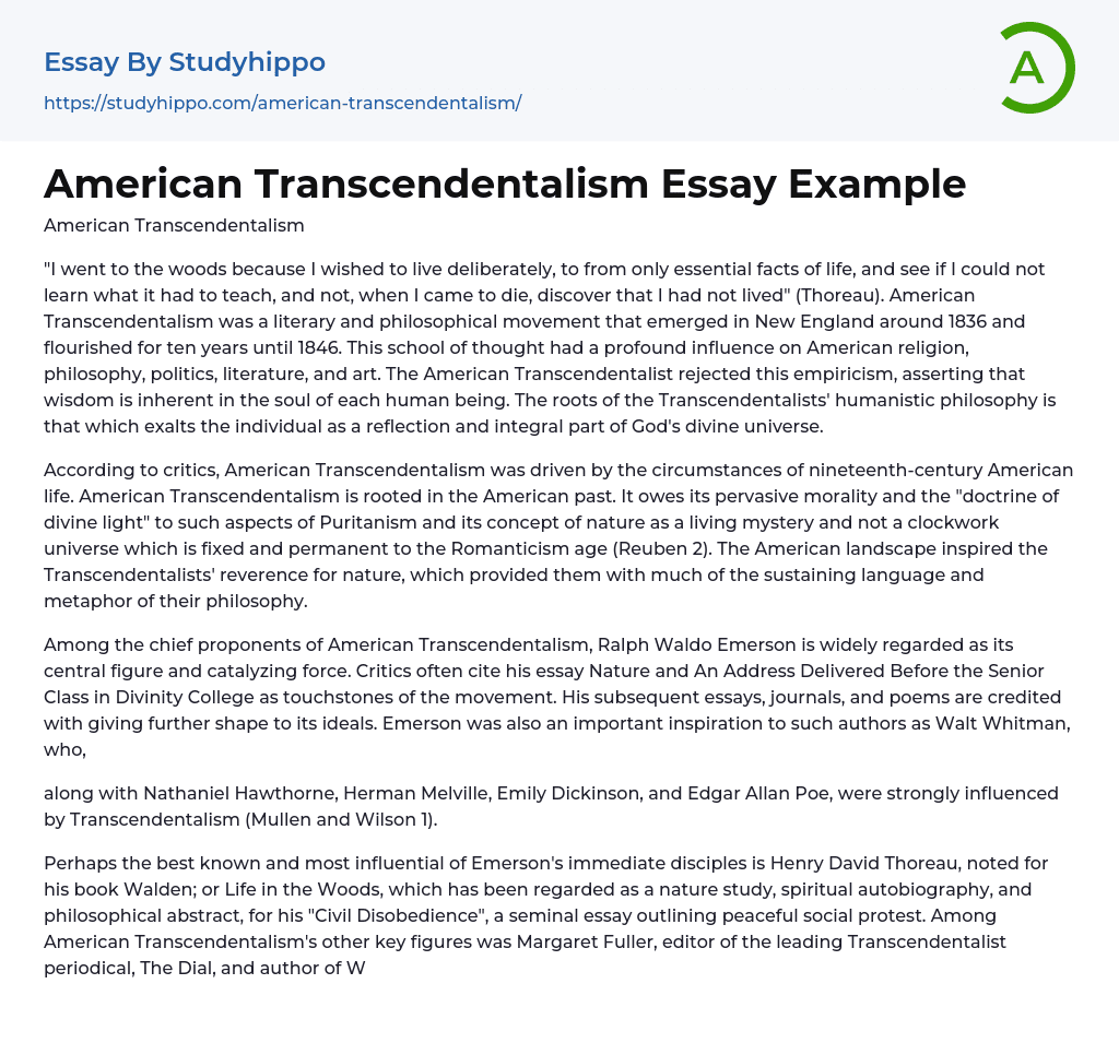 American Transcendentalism Essay Example