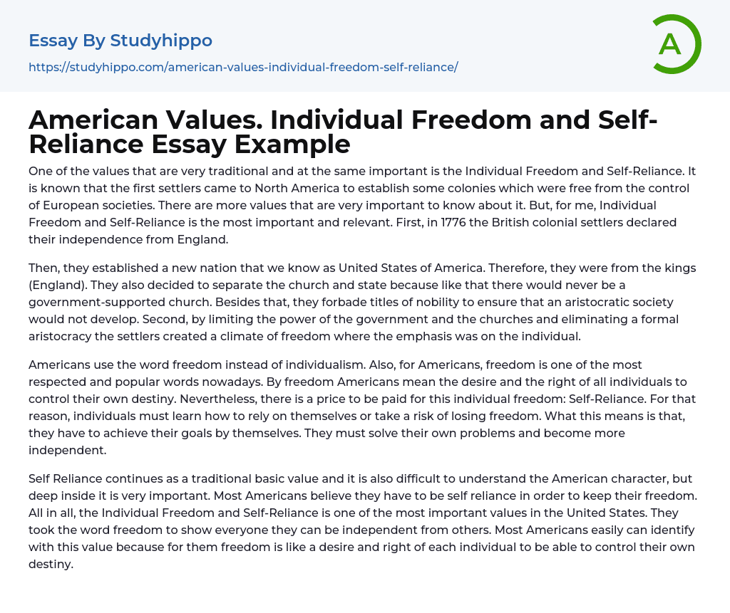 American Values. Individual Freedom and Self-Reliance Essay Example