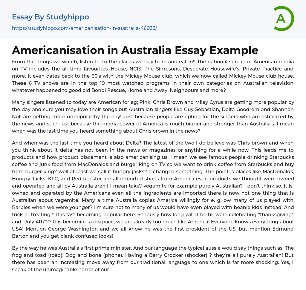 Americanisation in Australia Essay Example