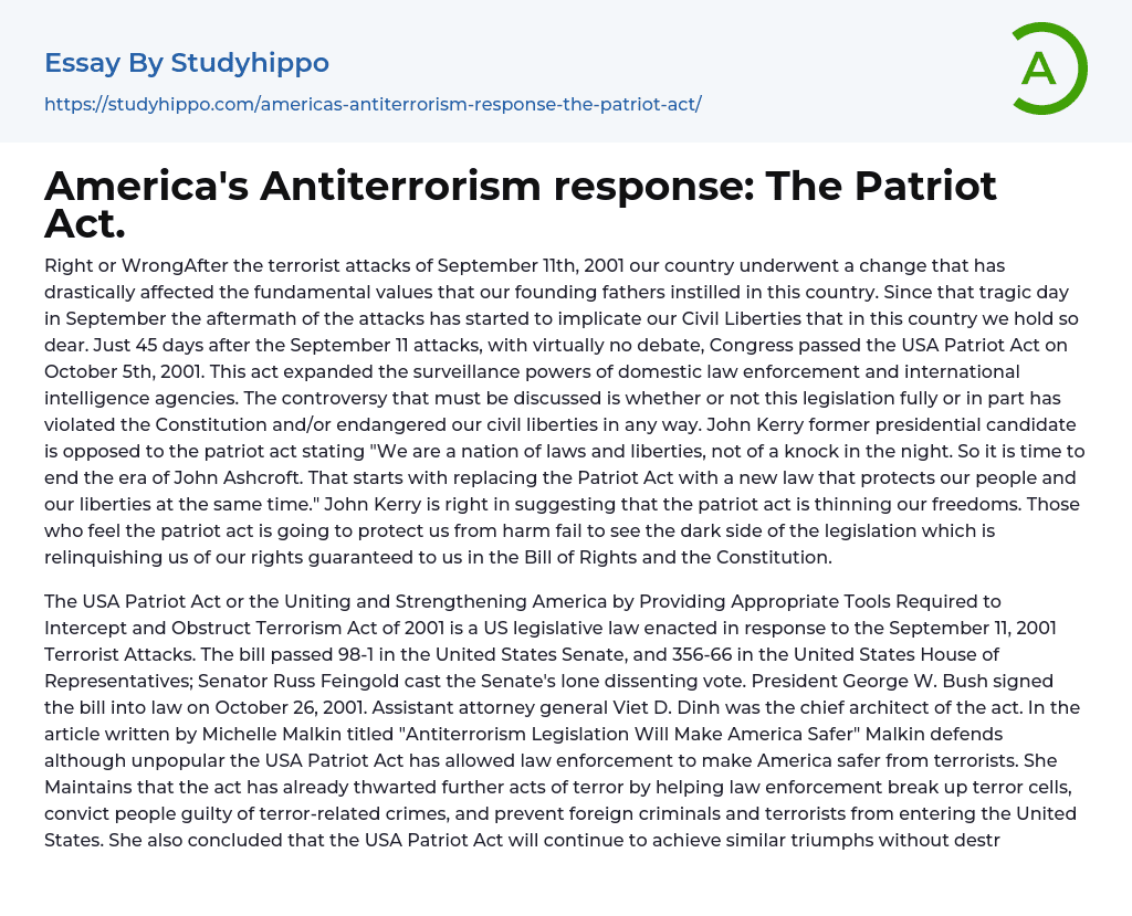 America’s Antiterrorism response: The Patriot Act. Essay Example