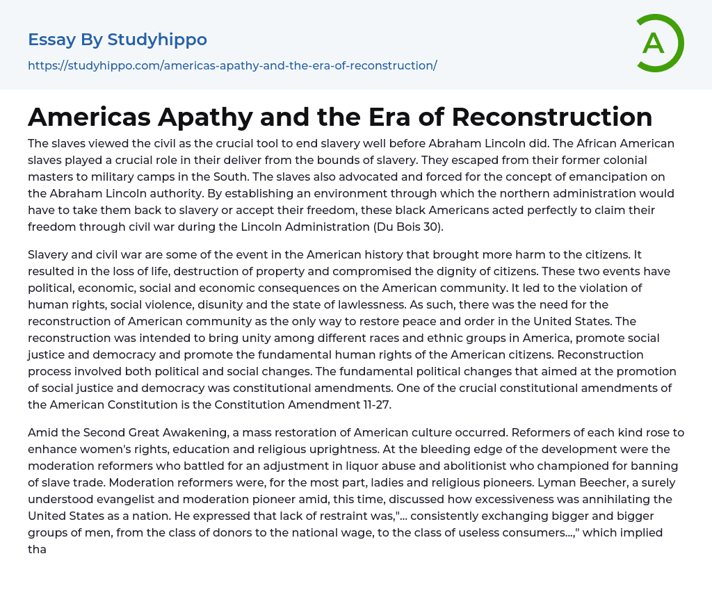 Americas Apathy and the Era of Reconstruction Essay Example
