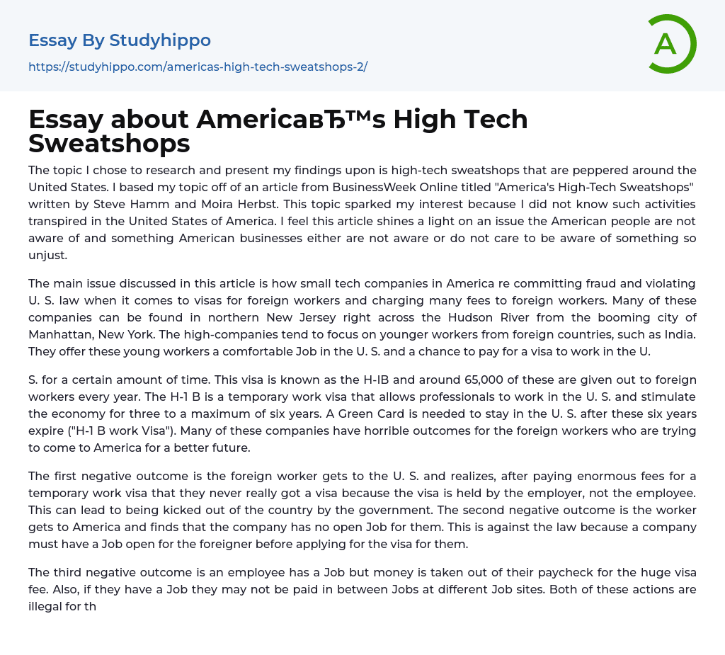 Essay about America’s High Tech Sweatshops