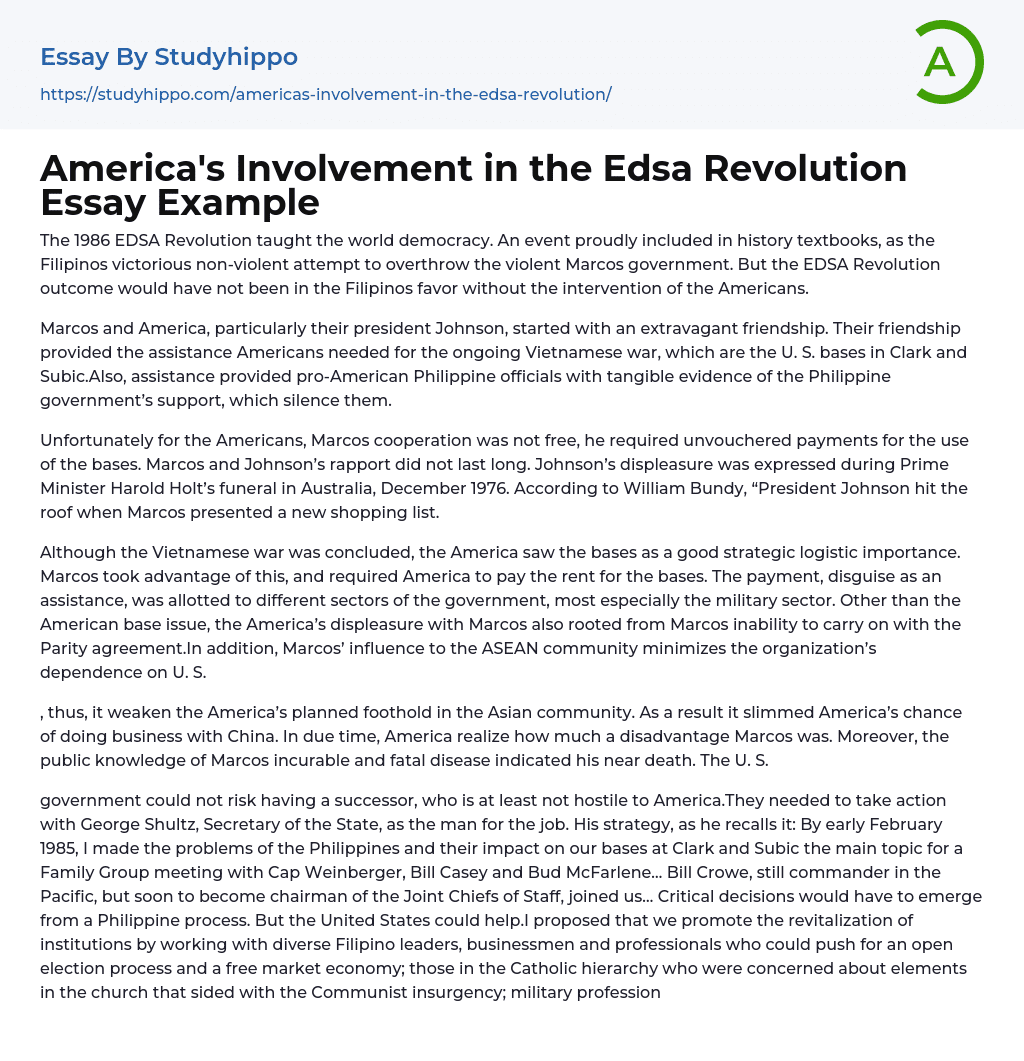 America’s Involvement in the Edsa Revolution Essay Example