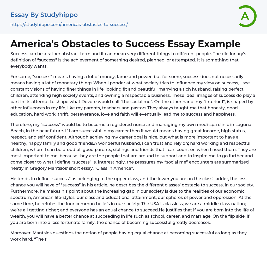America’s Obstacles to Success Essay Example