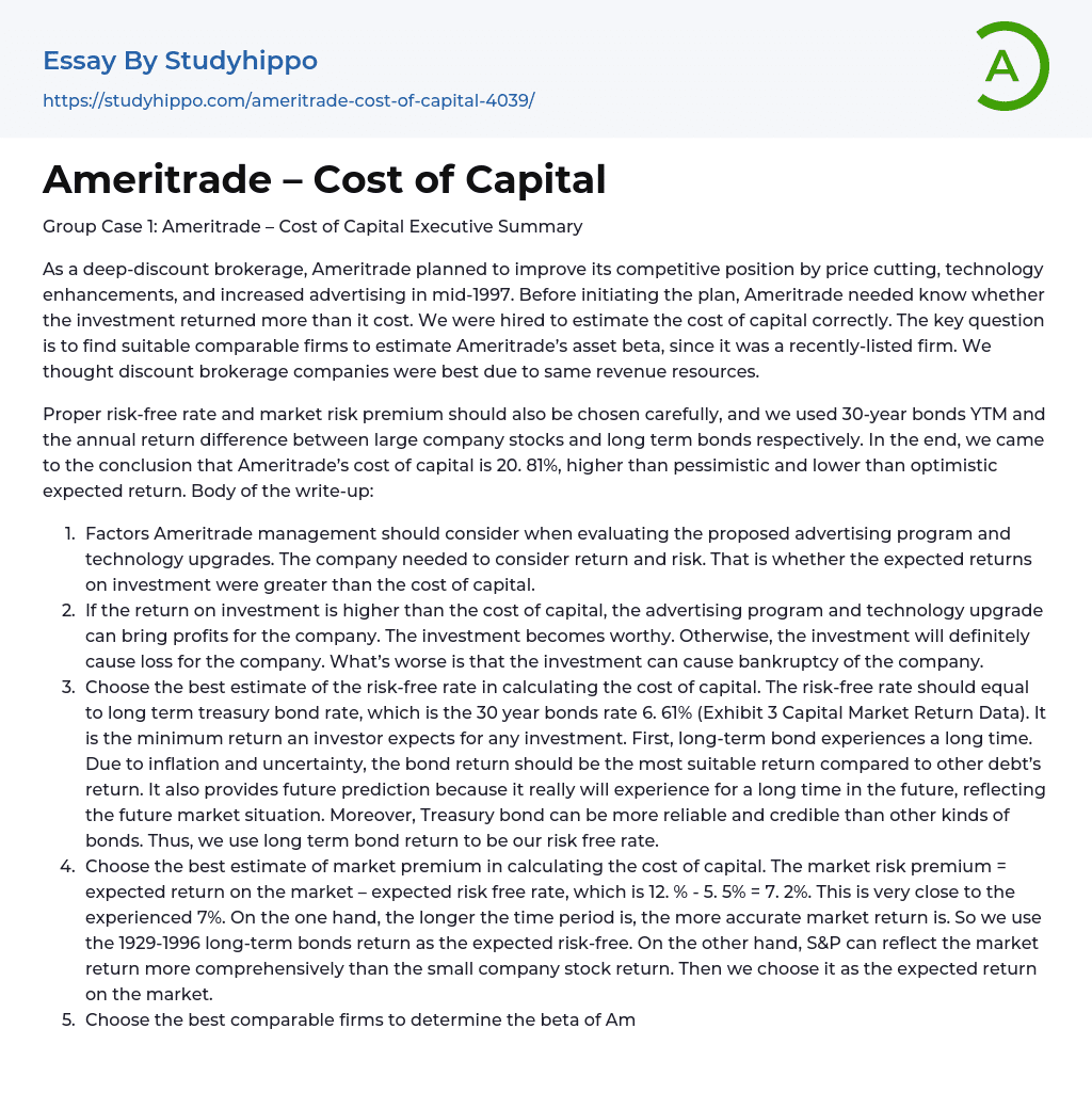 Ameritrade – Cost of Capital Essay Example