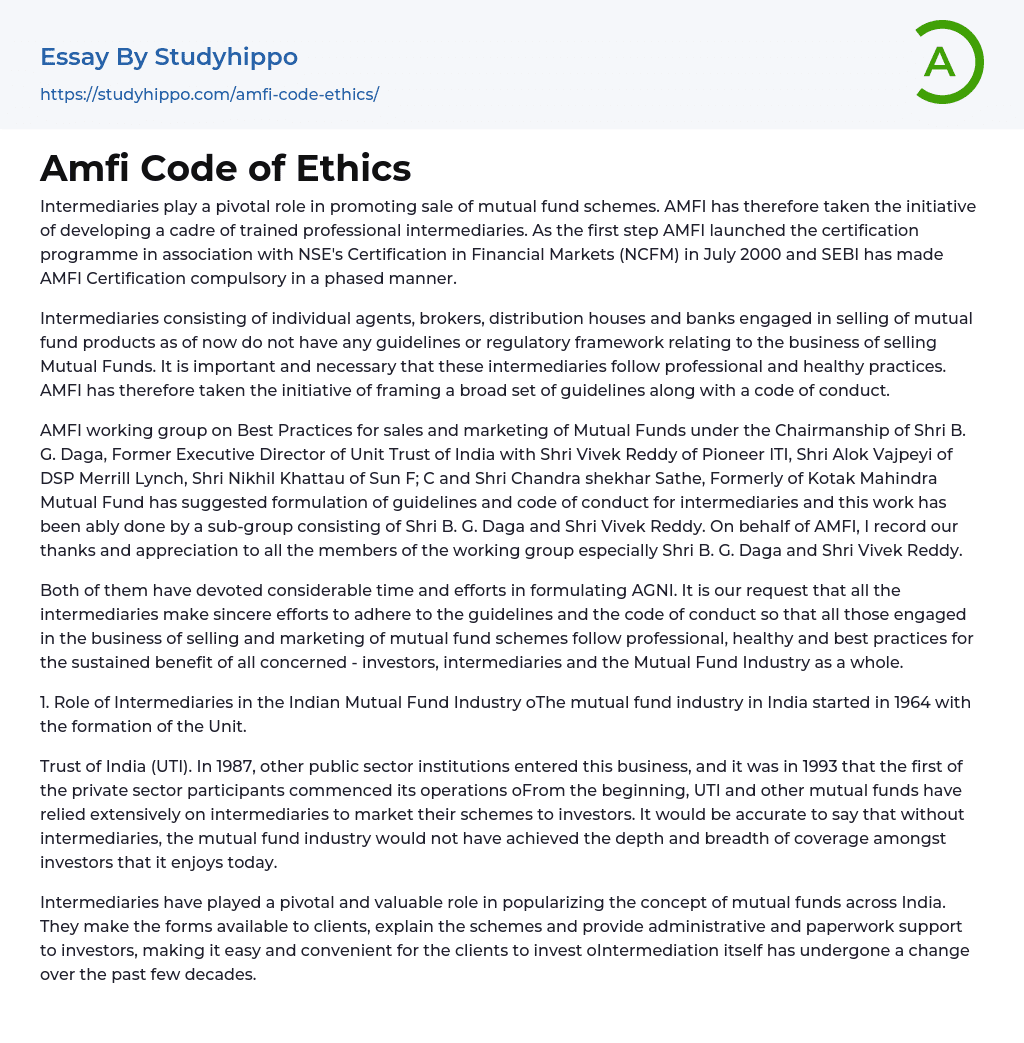 Amfi Code of Ethics Essay Example