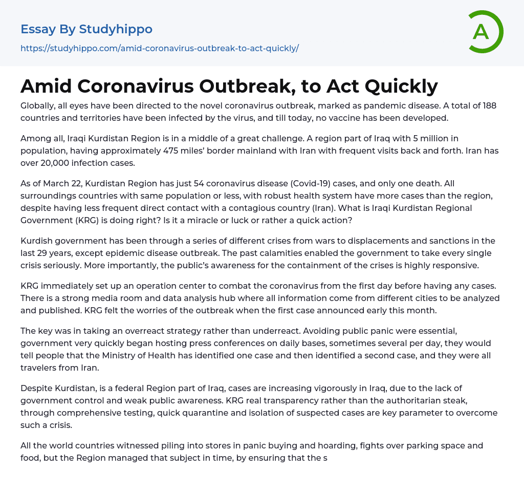 Amid Coronavirus Outbreak, to Act Quickly Essay Example