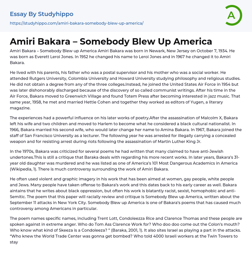 Amiri Bakara – Somebody Blew Up America Essay Example