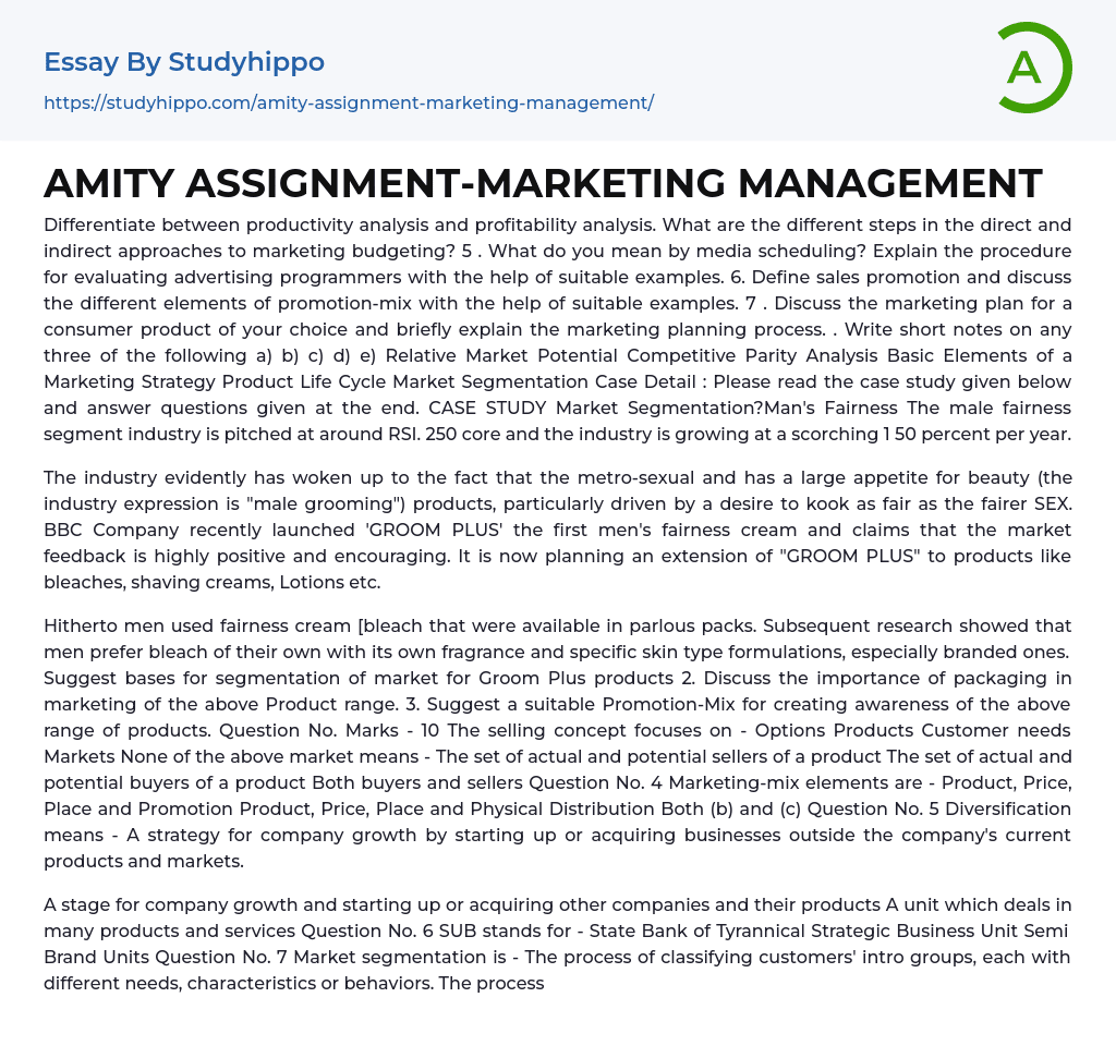AMITY ASSIGNMENT-MARKETING MANAGEMENT Essay Example