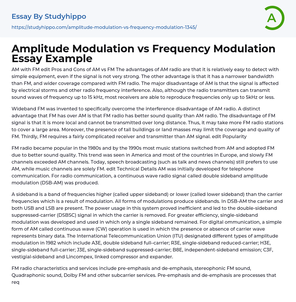 Amplitude Modulation vs Frequency Modulation Essay Example