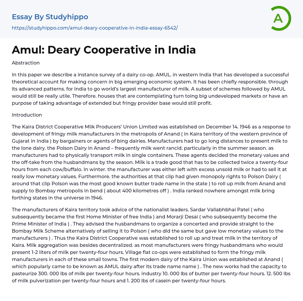 Amul: Deary Cooperative in India Essay Example