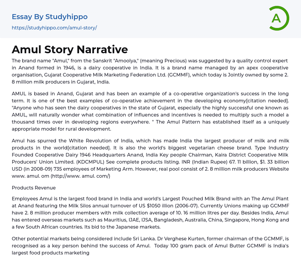 Amul Story Narrative Essay Example