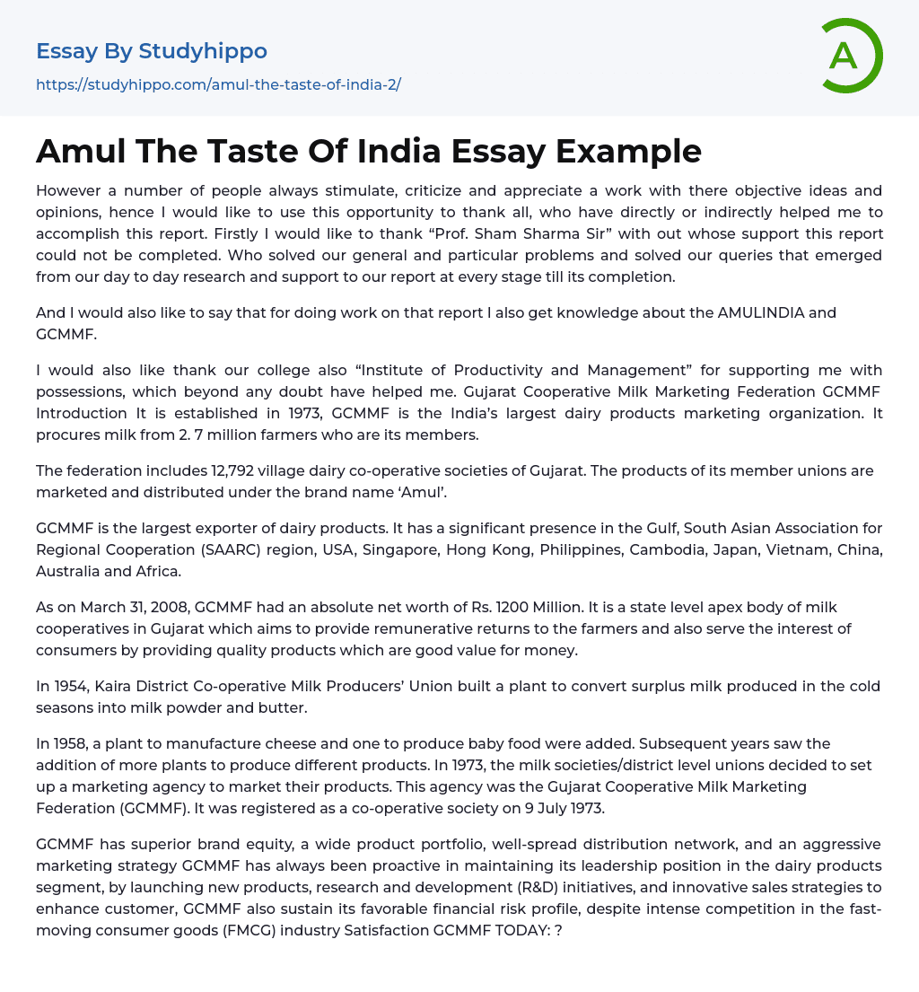 Amul The Taste Of India Essay Example