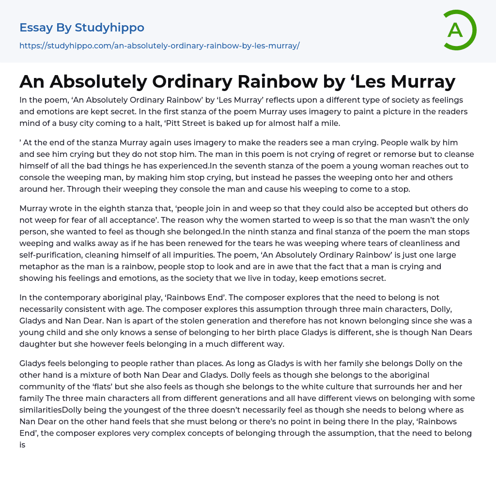 An Absolutely Ordinary Rainbow by ‘Les Murray Essay Example