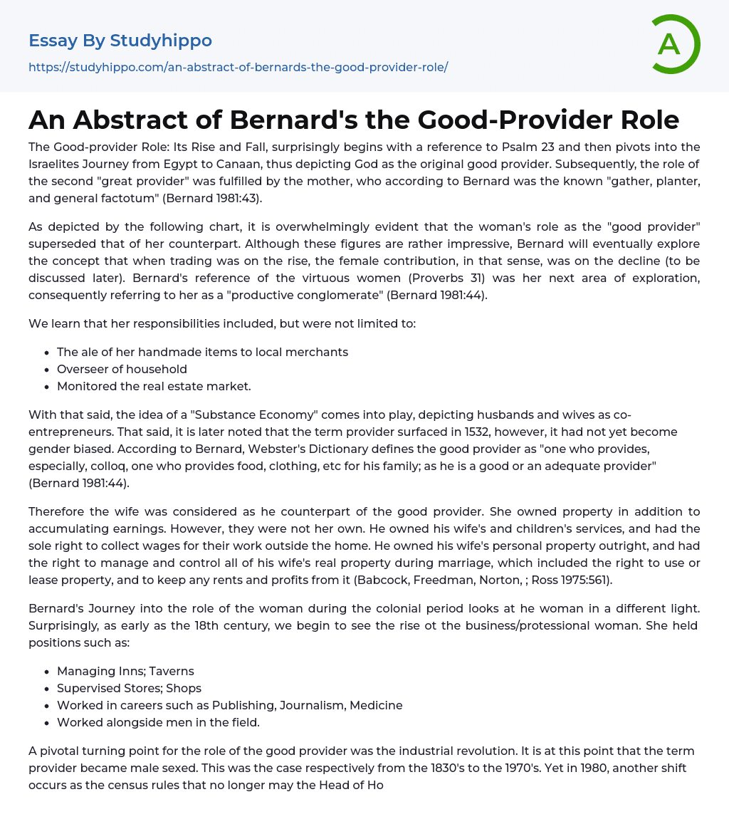 An Abstract of Bernard’s the Good-Provider Role Essay Example