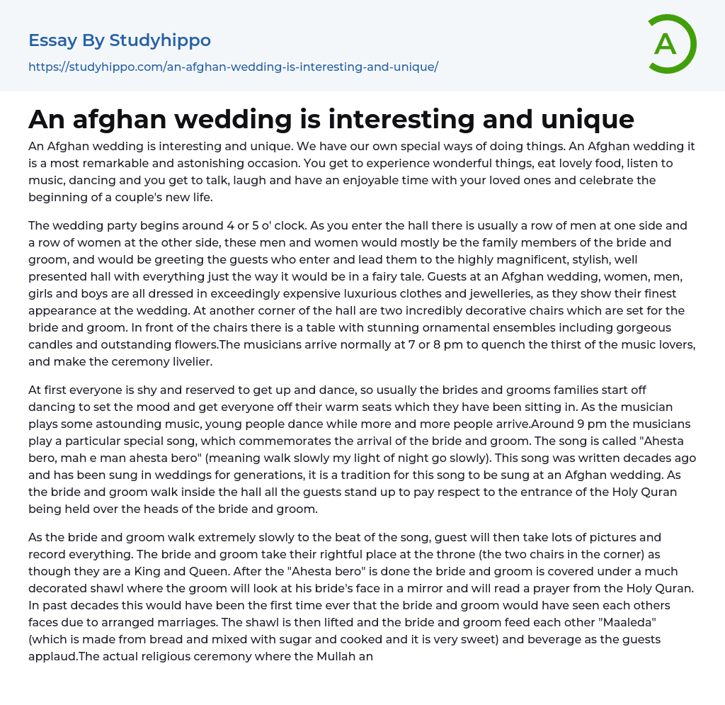 An afghan wedding is interesting and unique Essay Example