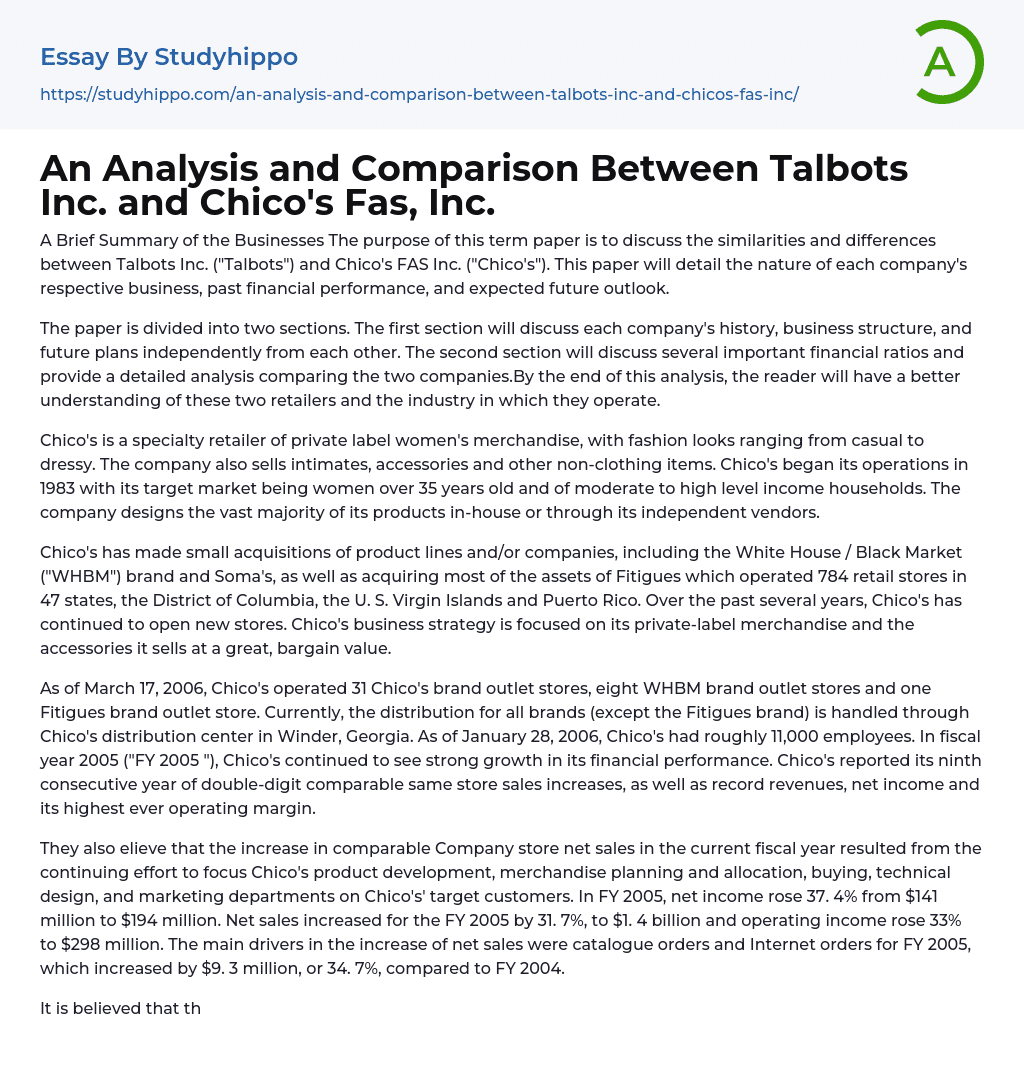 An Analysis and Comparison Between Talbots Inc. and Chico’s Fas, Inc. Essay Example