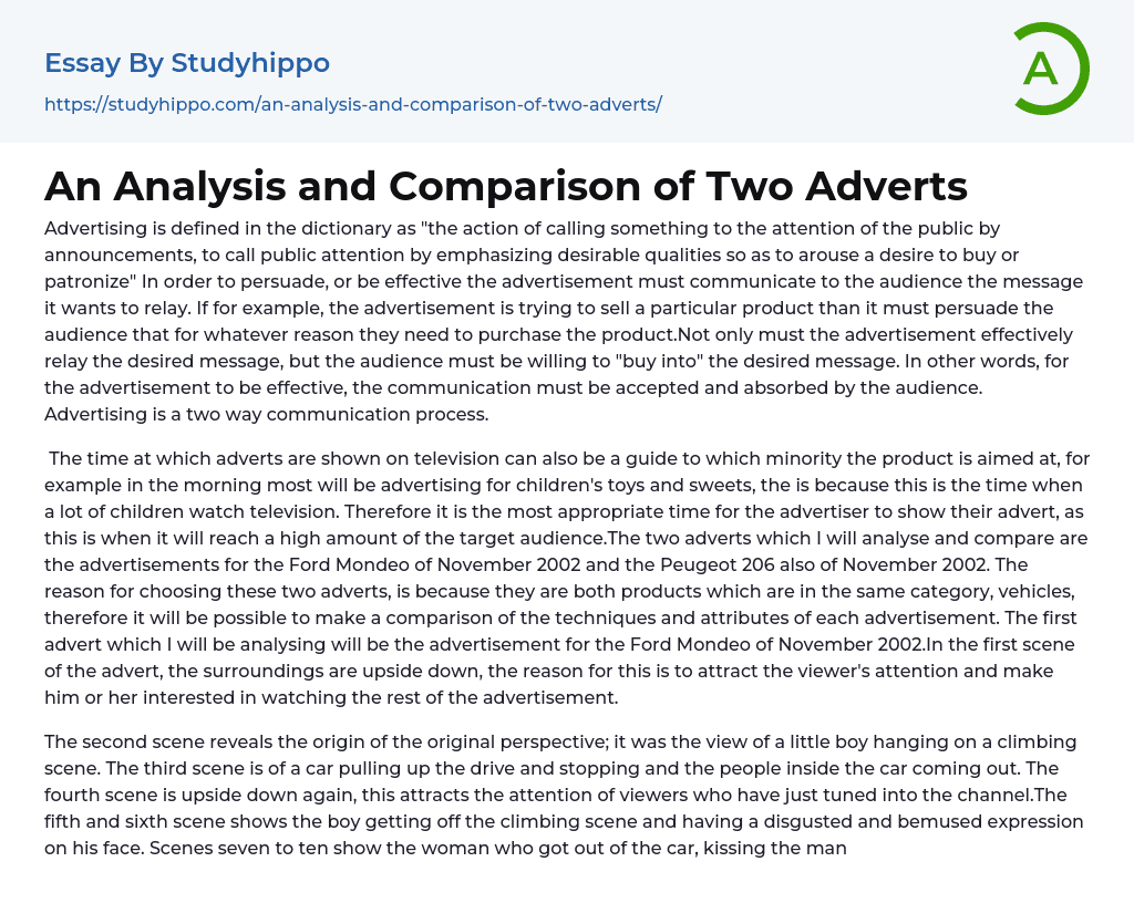 An Analysis and Comparison of Two Adverts Essay Example