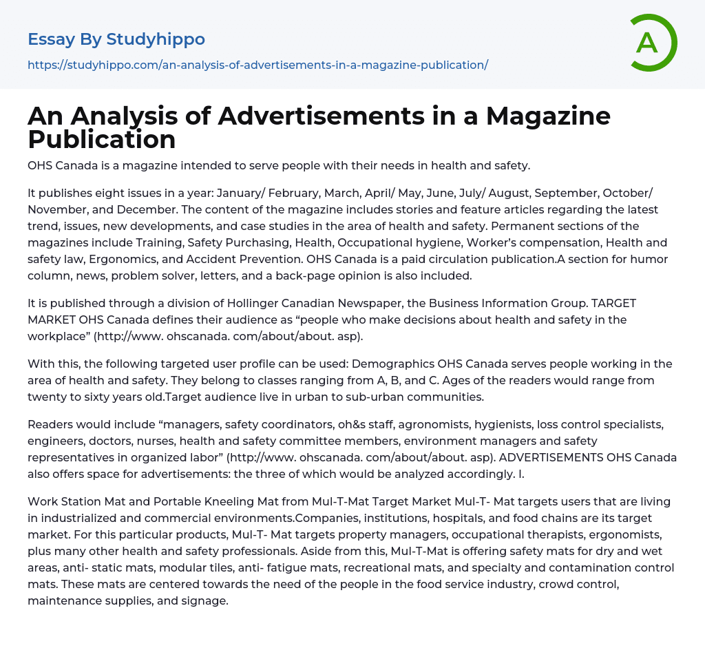 An Analysis of Advertisements in a Magazine Publication Essay Example