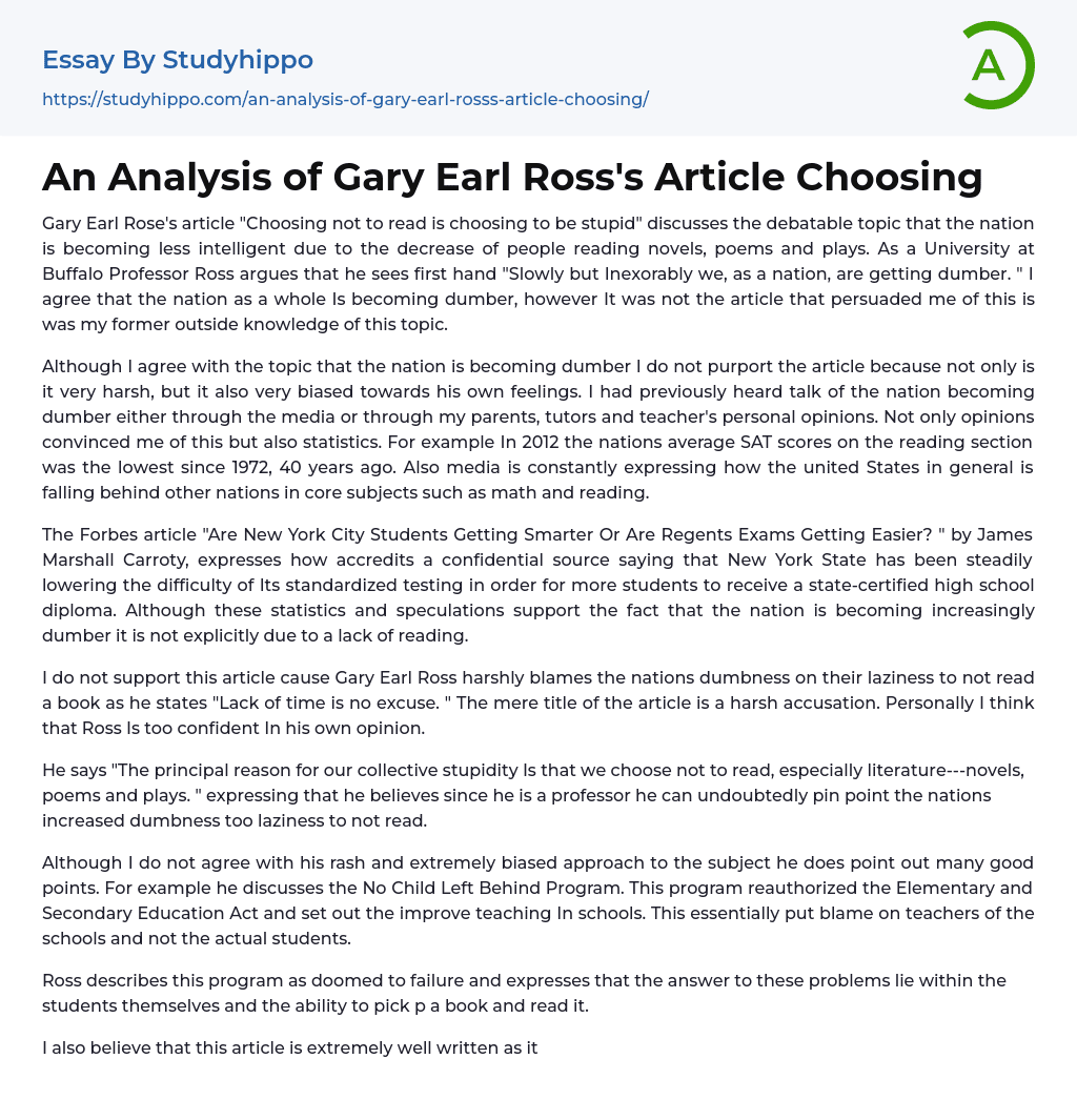 An Analysis of Gary Earl Ross’s Article Choosing Essay Example