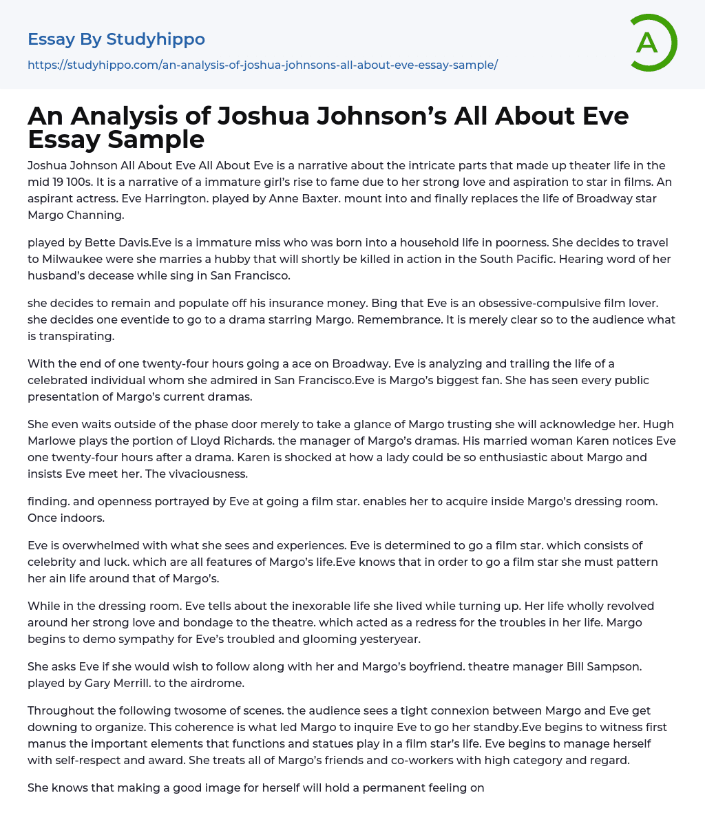 An Analysis of Joshua Johnson’s All About Eve Essay Sample
