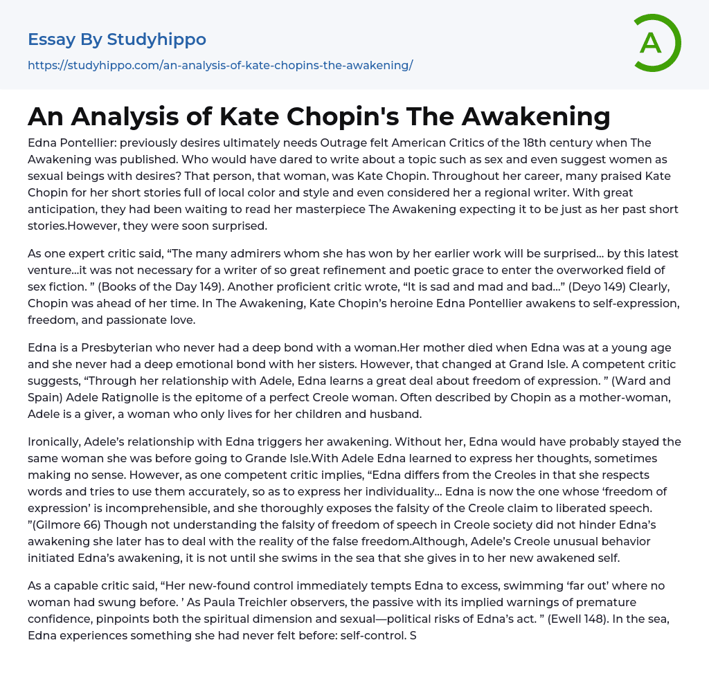 An Analysis of Kate Chopin’s The Awakening Essay Example