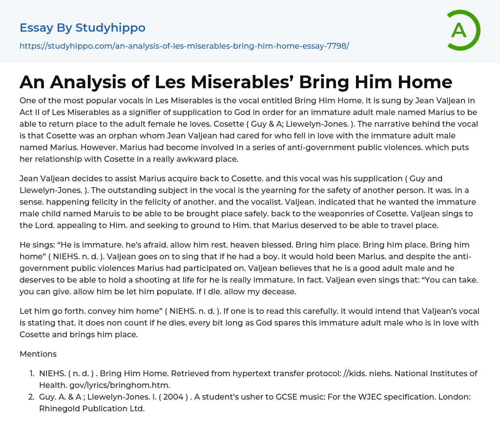 An Analysis of Les Miserables’ Bring Him Home Essay Example