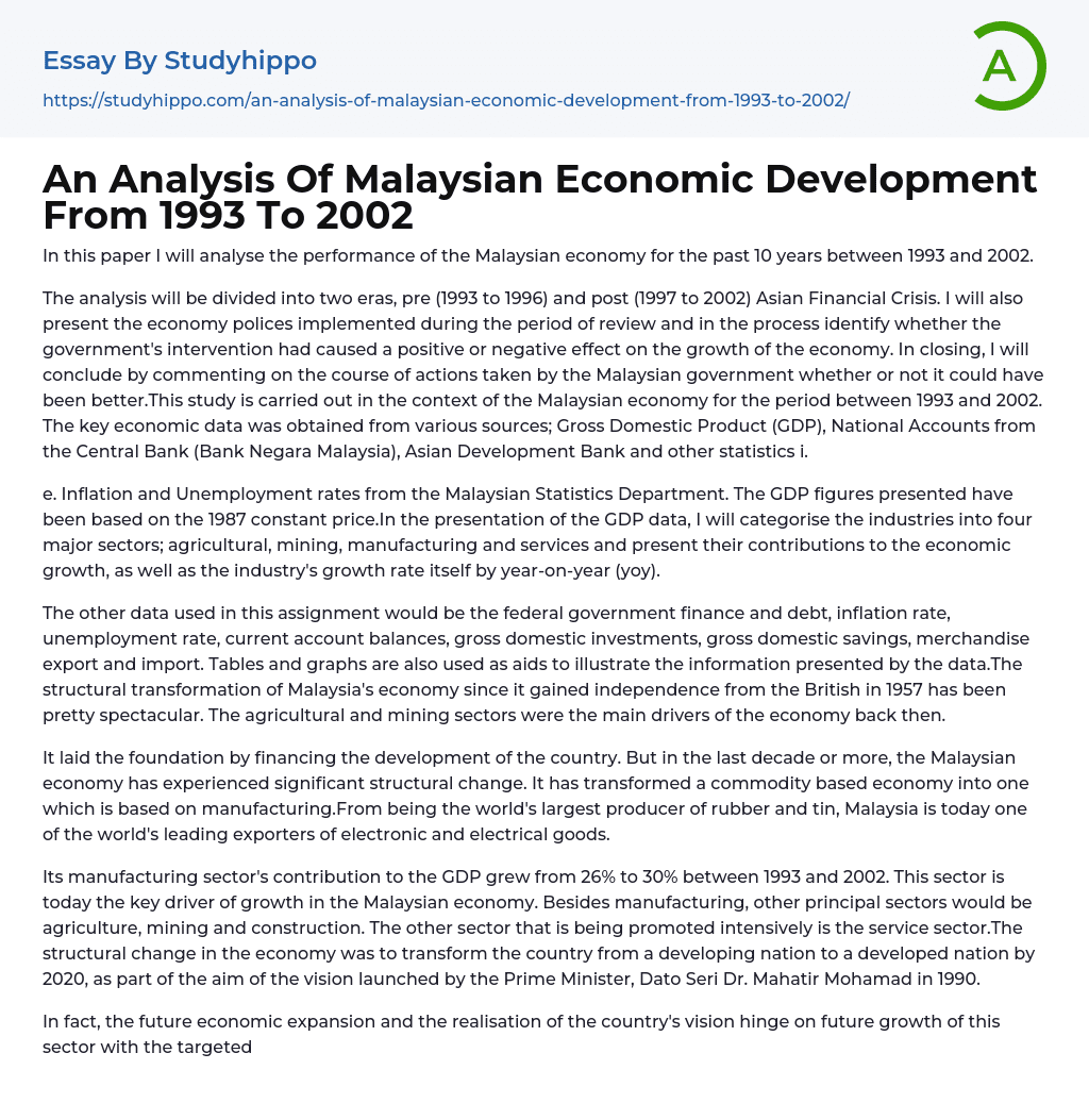 An Analysis Of Malaysian Economic Development From 1993 To 2002 Essay Example