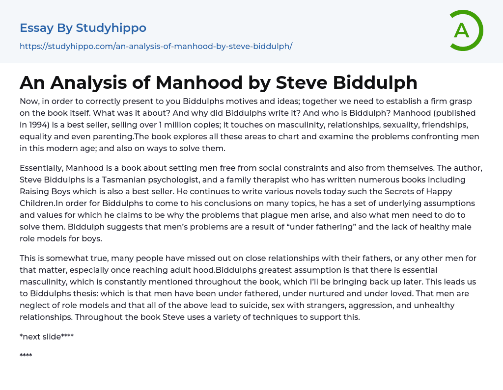An Analysis of Manhood by Steve Biddulph Essay Example