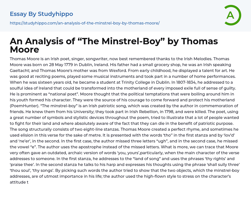 An Analysis of “The Minstrel-Boy” by Thomas Moore Essay Example