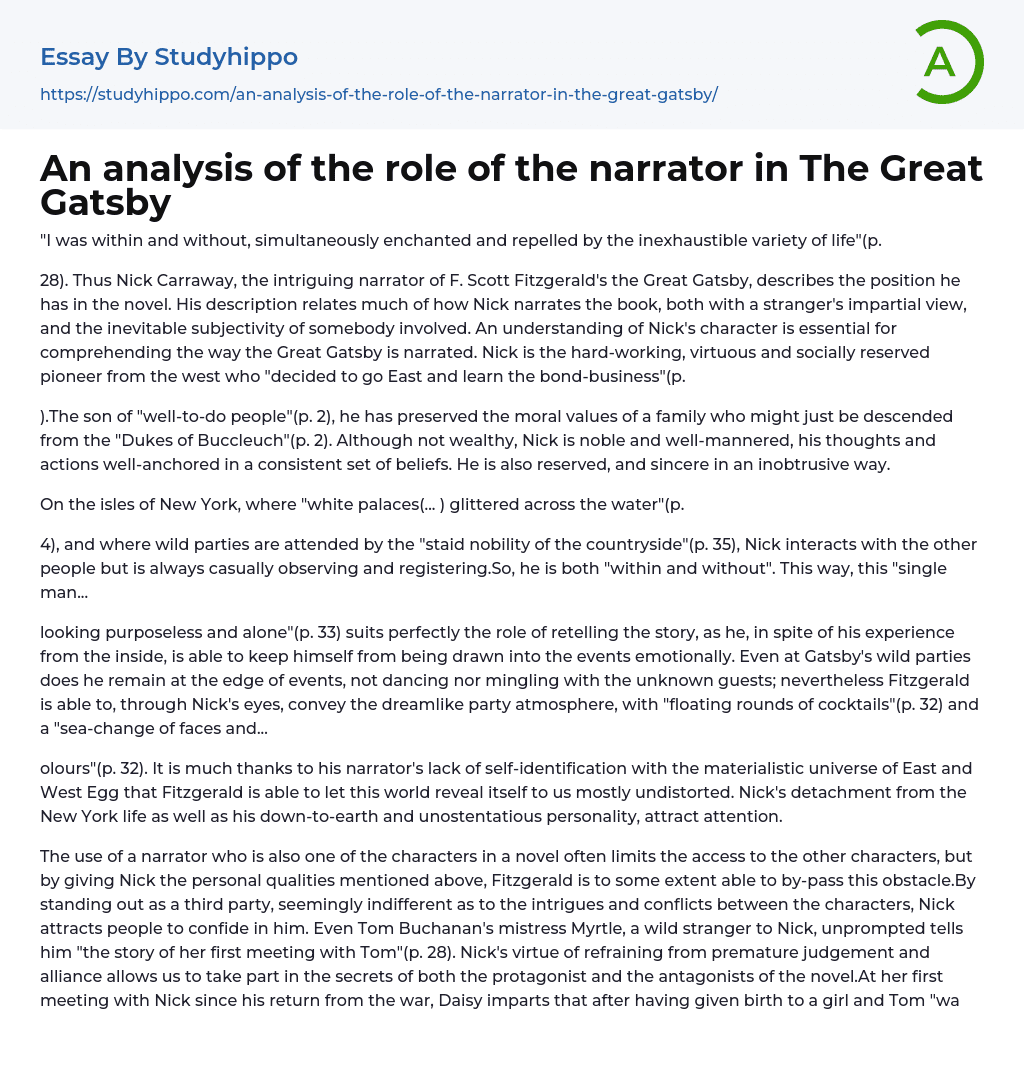 An analysis of the role of the narrator in The Great Gatsby Essay Example