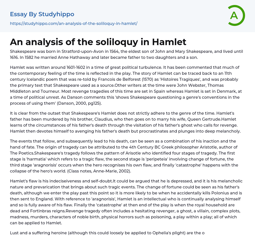 An analysis of the soliloquy in Hamlet Essay Example