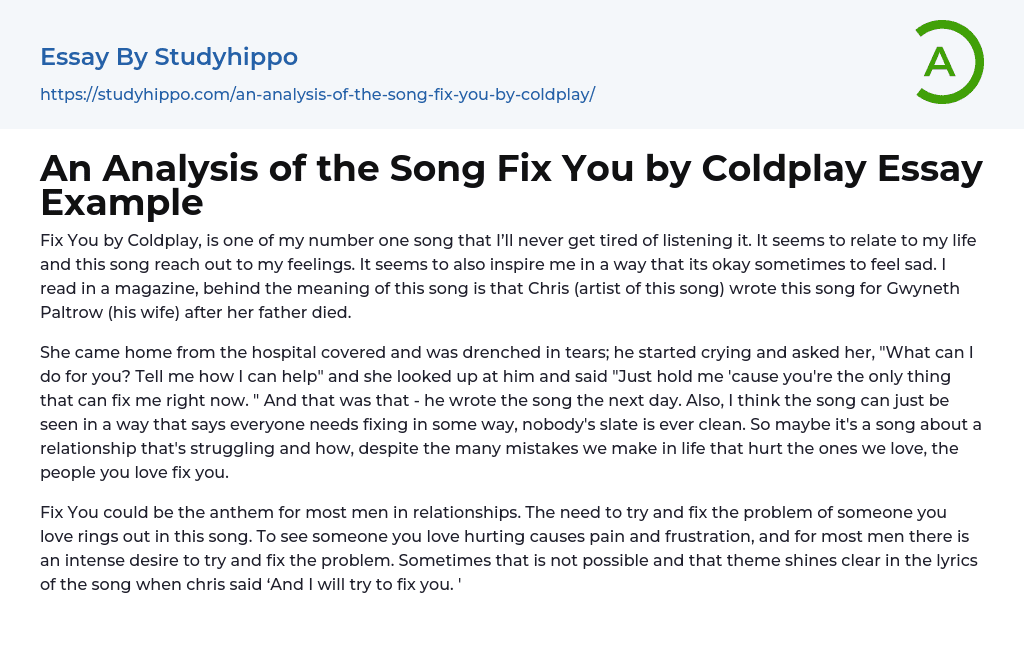 An Analysis of the Song Fix You by Coldplay Essay Example