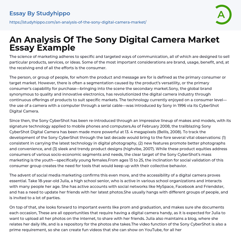 An Analysis Of The Sony Digital Camera Market Essay Example