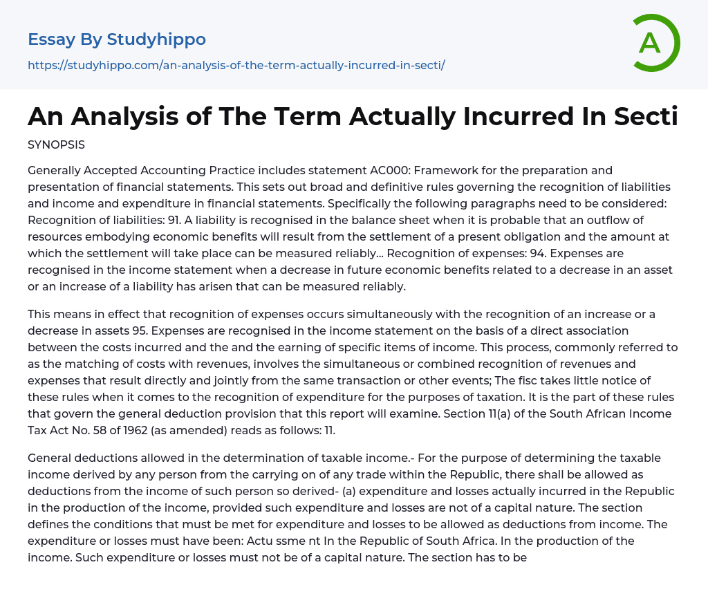 An Analysis of The Term Actually Incurred In Secti Essay Example