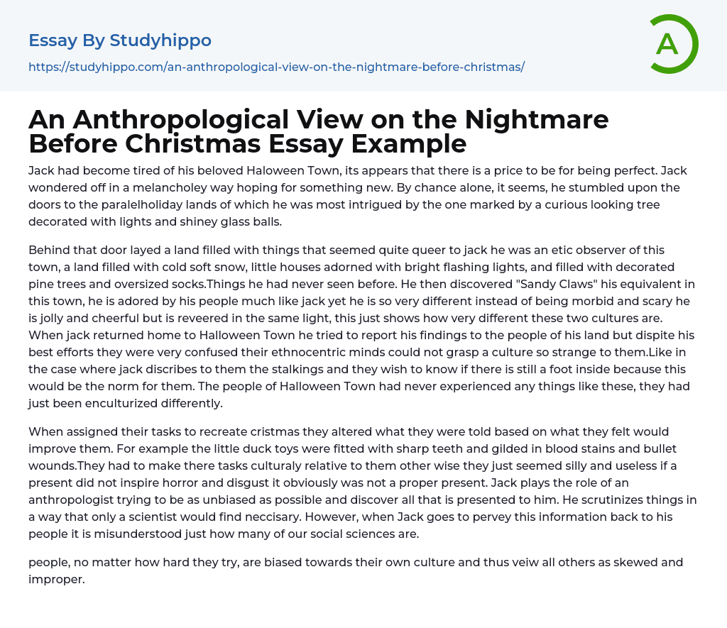 An Anthropological View on the Nightmare Before Christmas Essay Example