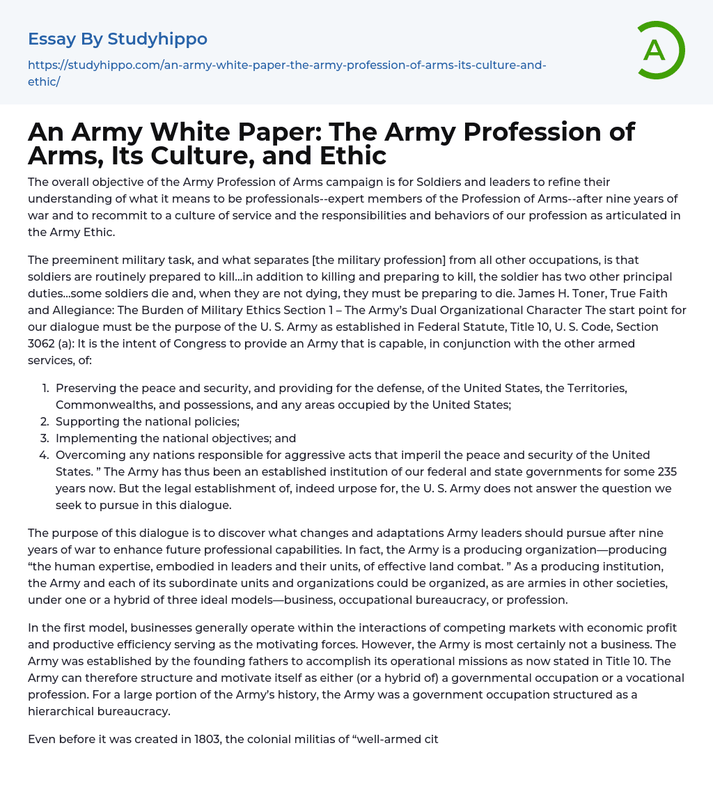 An Army White Paper: The Army Profession of Arms, Its Culture, and Ethic Essay Example